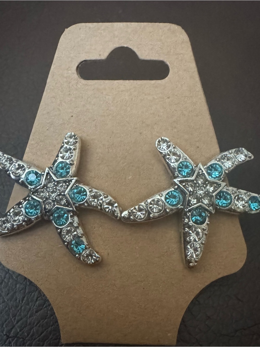 NWT Turquoise and Silver Rhinestone Starfish Earrings, Summer Earrings
